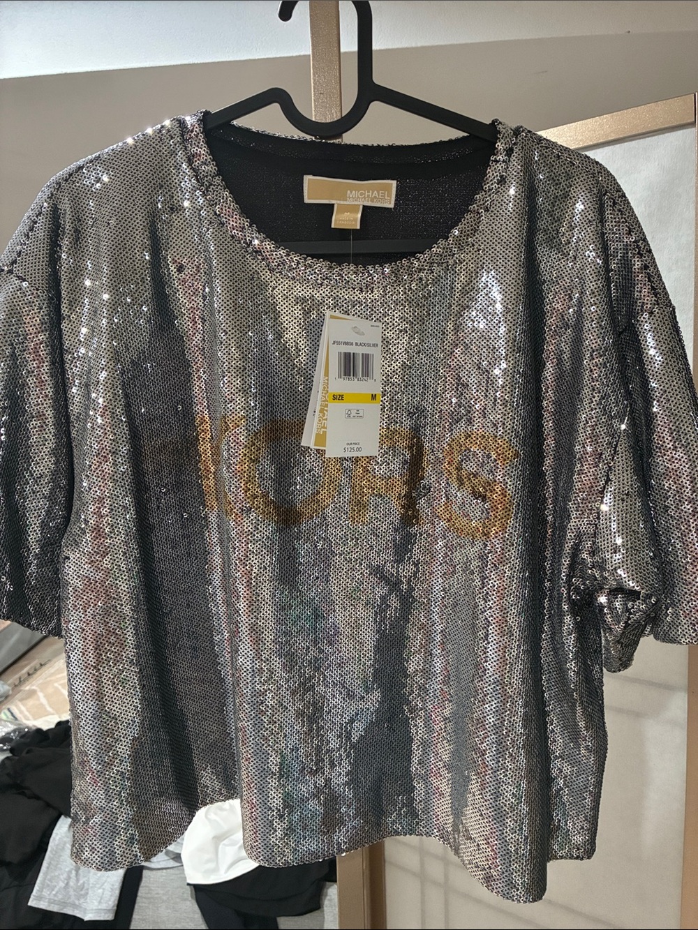 MICHAEL Michael Kors Silver Sequin Short-Sleeve Tee with Gold Logo Accent